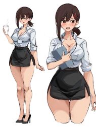 1girl artist_request black_eyes black_skirt book breasts brown_hair chainsaw_man cleavage coffee embarrassed hair_ornament hairclip higashiyama_kobeni high_heels highres holding holding_book lanyard large_breasts light_blush miniskirt mole mole_under_eye mole_under_mouth office_lady open_mouth ponytail reference_sheet skirt thick_thighs thighs