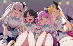 4girls :d animal_ears black_hair black_horns black_wings blonde_hair blue_bow blue_bowtie blue_skirt blurry blurry_background bow bowtie closed_eyes color-coded commentary_request corset crescent crescent_earrings demon_girl demon_tail demon_wings depth_of_field earrings fangs green_eyes grey_eyes grey_hair grin heterochromia highres himemori_luna hololive hololive_idol_uniform_(bright) horns idol idol_clothes jacket jewelry konboi-eg lion_ears long_hair multiple_girls official_alternate_costume oozora_subaru open_mouth pink_hair puffy_short_sleeves puffy_sleeves purple_eyes sash shirt shishiro_botan short-sleeved_jacket short_hair short_sleeves skirt smile subachocolunatan_(hololive) sweat tail teeth underbust upper_teeth_only very_long_hair virtual_youtuber waist_bow white_jacket white_shirt wings wrist_cuffs yuzuki_choco