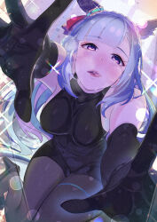 1girl absurdres alternate_costume animal_ears bare_shoulders black_gloves black_pantyhose black_shoes blue_hair blurry blurry_background braid breasts commentary_request crown_braid doushi_tatsu_to_dekkai_no dress ear_covers ear_ornament elbow_gloves gloves high_heels highres horse_ears horse_girl horse_tail lens_flare medium_breasts mejiro_ardan_(umamusume) open_mouth pantyhose purple_eyes reaching reaching_towards_viewer shoes sitting skin_tight sleeveless sleeveless_dress solo tail teeth tongue tongue_out umamusume upper_teeth_only