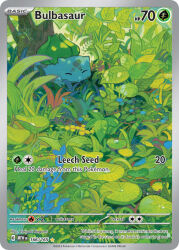 Rule 34 | animal focus, artist name, bud, bulbasaur, card (medium), character name, closed eyes, company name, copyright name, copyright notice, english text, gen 1 pokemon, ikegami yoriyuki, leaf, nature, nintendo, no humans, nostrils, official art, outdoors, plant, pokemon, pokemon (creature), pokemon card, pokemon focus, pokemon tcg, sleeping, solo, third-party source, trading card