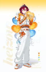1boy absurdres alternate_costume arm_warmers balloon belt blush character_name closed_mouth commentary full_body genshin_impact gradient_background green_eyes hairband heart_balloon highres holding holding_balloon hood hood_down jewelry looking_at_viewer male_focus mochimiya_(coyo) mole mole_under_eye orange_arm_warmers pants ponytail red_hair ring shikanoin_heizou shoes short_sleeves simple_background sneakers solo sparkle standing stuffed_animal stuffed_rabbit stuffed_toy symbol-only_commentary vest white_pants white_shoes white_vest