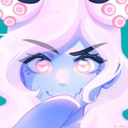 Rule 34 | 1girl, artist name, bad id, bad instagram id, blue skin, close-up, closed mouth, colored skin, eyes visible through hair, glowing, glowing eyes, green background, halftone, hand on own chin, hand up, idawnrunner, looking at viewer, molly (omori), monster girl, omori, orange eyes, raised eyebrow, scylla, simple background, smile, solo, straight-on, suction cups, tentacle arm, tentacle hair, wavy hair, wavy mouth, white hair
