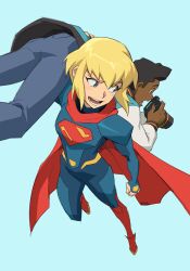 1boy 1girl blonde_hair bodysuit boots camera cape carrying_over_shoulder dc_comics flying highres holding holding_camera jimmy_olsen light_blush making-of_available mikkusushi my_adventures_with_superman open_mouth red_boots simple_background supergirl superhero_costume superman_(series)