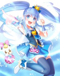 10s 1girl bad_id bad_pixiv_id blue_background blue_eyes blue_hair blue_skirt blue_theme blue_thighhighs blush boots bow brooch crown cure_princess endorin eyelashes female_focus gold_crown gradient_background hair_ornament hair_ribbon happinesscharge_precure! happy heart heart_brooch high_heels idididdesuy0 jewelry long_hair looking_at_viewer magical_girl mascot matching_hair/eyes open_mouth pink_bow pointing pointing_at_viewer precure ribbon ribbon_(happinesscharge_precure!) shirayuki_hime shirt skirt smile solo thighhighs thighs twintails very_long_hair vest white_background wrist_cuffs zettai_ryouiki