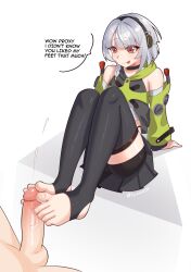 1girl :q absurdres anby_demara barefoot black_thighhighs blush cum ejaculation feet footjob grey_hair highres medium_hair pyruvate red_eyes stirrup_legwear thighhighs toeless_legwear toes tongue tongue_out zenless_zone_zero