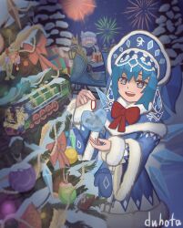 +_+ 2girls absurdres blue_eyes blue_hair blue_headwear blue_mittens blue_skirt blue_vest blush bow bowtie box christmas_ornaments christmas_tree cirno coat commentary diamond_(shape) duhota fireworks flower_tank_(touhou) frilled_skirt frills fur-trimmed_coat fur-trimmed_sleeves fur_trim gift gift_box grey_hair heart highres ibuki_suika ice ice_wings kokoshnik letty_whiterock long_sleeves medium_hair mittens multiple_girls new_year open_mouth red_bow red_bowtie russian_clothes russian_commentary short_hair skirt slavic_clothes sleigh snegurochka_(mythology) snow snowflake_print spruce touhou train turtleneck unworn_mittens vest white_headwear wings