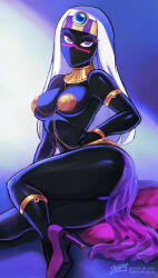1girl ass black_skin breasts colored_skin duck_dodgers gold high_heels highres iahfy jewelry large_breasts long_hair looking_at_viewer no_mouth purple_eyes queen_tyr&#039;ahnee solo thighs white_hair wide_hips