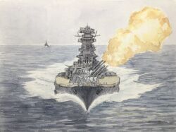 Rule 34 | anti-aircraft, anti-aircraft gun, atelier bono, battleship, cannon, cloud, cloudy sky, commentary request, destroyer, firing, highres, imperial japanese navy, mast, military vehicle, no humans, ocean, original, painting (medium), sailing, ship, ship turret, sky, traditional media, type 96 aa gun, vehicle focus, warship, watercolor (medium), watercraft, waves, yamato (battleship)