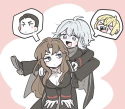 &gt;_&lt; 2girls :d black_coat black_jacket black_pants black_shoes blonde_hair blue_eyes breasts brown_hair coat coat_on_shoulders don_quixote_(project_moon) faust_(project_moon) full_body grey_sweater highres jacket kojocho05 large_breasts limbus_company long_hair long_sleeves looking_at_another meursault_(project_moon) multiple_girls open_mouth pants parted_bangs pink_background project_moon rodion_(project_moon) shirt shoes short_hair simple_background smile standing sweater white_shirt