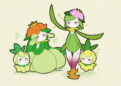 blush clapping closed_eyes closed_mouth creatures_(company) crown desinho evolutionary_line flower full_body game_freak gen_5_pokemon green_background green_hair hisuian_lilligant lilligant nintendo petilil pokemon pokemon_(creature) simple_background twitter_username