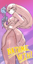 1girl absurdres ass bodysuit highres ishijimajirou long_hair looking_at_viewer master_ball monochrome nintendo poke_ball pokemon pokemon_frlg red_eyes sabrina_(pokemon) solo