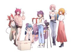 6+girls absurdres airenif anger_vein black_boots black_hair black_shoes black_shorts blue_eyes blue_hair blue_pants boots box braid braided_ponytail camera character_request closed_eyes coat crop_top facing_viewer full_body gift gift_box green_eyes grey_pants hair_intakes hakos_baelz hand_in_pocket heart highres holding holding_gift hololive hololive_english hood hood_down hoodie irys_(hololive) long_hair long_skirt long_sleeves looking_at_viewer multicolored_hair multiple_girls navel ninomae_ina&#039;nis open_clothes open_coat orange_hair pants pencil_skirt pink_eyes pink_hoodie purple_eyes purple_hair red_hair red_skirt shirt shoes short_hair short_sleeves shorts simple_background skirt smile squatting streaked_hair tentacle_hair virtual_youtuber white_background white_hair white_shirt white_shoes