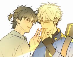 Rule 34 | 2boys, ankko0823, black hair, black shirt, blonde hair, blue jacket, blush, cheng xiaoshi, closed eyes, collared shirt, grey eyes, hand on own face, hand up, instrument case, jacket, jewelry, korean commentary, limited palette, long sleeves, looking at viewer, male focus, multicolored hair, multiple boys, open mouth, ponytail, shiguang dailiren, shirt, short hair, short ponytail, simple background, sleeves past wrists, smile, turtleneck, upper body, v, white background, white hair, white shirt, xia fei, yaoi, yellow theme
