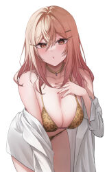 1girl :o absurdres animal_print bikini blonde_hair breasts cleavage gold_choker highres hololive hololive_dev_is ichijou_ririka large_breasts leopard_print looking_at_viewer off_shoulder parted_lips pink_eyes pink_hair pink_nails shirt simple_background solo steelball_(jwk76806995) swimsuit virtual_youtuber white_background white_shirt yellow_bikini