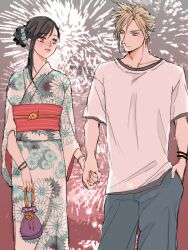 Rule 34 | 1boy, 1girl, black hair, blonde hair, blue eyes, blue pants, blue scrunchie, blush, bracelet, chocobo, cloud strife, couple, feet out of frame, final fantasy, final fantasy vii, final fantasy vii ever crisis, fireworks, floral print, floral print kimono, hair bun, hair ornament, hair scrunchie, hand in pocket, holding, holding hands, japanese clothes, jewelry, kimono, litter7th, long hair, looking at another, looking at viewer, obi, pants, print kimono, red eyes, sash, scrunchie, shirt, short hair, single sidelock, spiked hair, straight-on, t-shirt, tifa lockhart, white kimono, white shirt