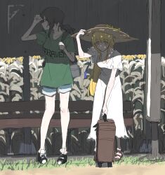 2girls bag bang_dream! blush breasts bus_stop cleavage denim denim_shorts dress flower full_body green_shirt hand_on_headwear hat high_heels highres long_hair multiple_girls okusawa_misaki plant shirt shoes short_sleeves shorts sneakers straw_hat suitcase sunflower sweat sweatdrop tsurumaki_kokoro white_dress zgok1uy8amciwae