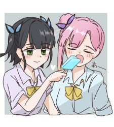 2girls alternate_costume anyoji_hime black_hair blonde_hair blue_shirt blush border bow bowtie closed_eyes closed_mouth collared_shirt commentary_request cropped_torso feeding gradient_hair green_eyes grey_background hair_bun hair_intakes heart highres i_do_me!_(love_live!) link!_like!_love_live! love_live! lying mihasu_ll momose_ginko multicolored_hair multiple_girls official_alternate_hairstyle on_back open_mouth pink_hair pink_shirt shirt short_sleeves side_ponytail simple_background single_side_bun split_mouth two_side_up virtual_youtuber white_border yellow_bow yellow_bowtie