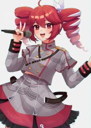 1girl absurdres ahoge belt black_belt black_sleeve_cuffs blush bow chia_cihain double-parted_bangs drill_hair grey_background grey_jacket grey_skirt hair_between_eyes hair_bow hair_ribbon hands_up highres holding holding_microphone jacket kasane_teto kasane_teto_(sv) layered_skirt layered_sleeves long_sleeves looking_at_viewer microphone midriff_peek musical_staff musical_staff_print open_mouth red_eyes red_hair red_skirt ribbon shoulder_belt shoulder_boards skirt skirt_set solo striped_clothes striped_jacket striped_skirt synthesizer_v teeth twin_drills upper_body upper_teeth_only utau v white_bow white_ribbon
