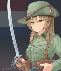 1girl absurdres ammunition_pouch artist_name belt bolt_action breast_pocket brown_belt brown_hair closed_mouth commentary dutch_flag flag_background green_hat green_jacket gun hair_between_eyes hat highres holding holding_gun holding_sword holding_weapon indonesia jacket lee-enfield leochan1202 long_sleeves looking_to_the_side military military_uniform original pocket pouch rifle solo sword upper_body weapon world_war_ii yellow_eyes