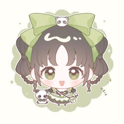 1girl apron artist_name bag baonu_de_zhanshen_caibutou black_dress black_gloves black_hair black_shoes black_socks blush_stickers bow bow-shaped_hair braid braided_hair_rings chibi dot_nose double_bun dress eyelashes frilled_apron frilled_gloves frilled_sleeves frills gloves green_background green_bow green_eyes hair_bow hair_bun hair_ornament hair_rings happy highres infinity_nikki jar kneehighs looking_at_viewer medium_dress nikki_(series) open_mouth outline panda_hair_ornament parted_bangs puffy_short_sleeves puffy_sleeves shoes short_hair short_sleeves shoulder_bag side_braids smile socks solo sparkle straight-on striped_clothes striped_socks stuffed_animal stuffed_panda stuffed_toy tareme twin_braids two-tone_background two-tone_socks white_apron white_background white_outline white_socks