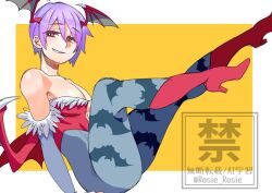 1girl bare_shoulders blue_pantyhose boots darkstalkers demon_wings detached_sleeves full_body head_wings high_heel_boots high_heels highres lilith_(darkstalkers) pantyhose print_pantyhose purple_hair red_boots red_heels rosie_rosie short_hair solo wings