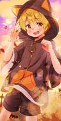 1boy alternate_costume animal_ear_hood animal_ears arms_up autumn autumn_leaves black_shorts blonde_hair blush cat_ears child claw_pose cloud commentary_request crescent dated dot_nose double-parted_bangs ears_down fake_animal_ears far_tarooo feet_out_of_frame hair_between_eyes halloween_costume highres hood hoodie leaf male_focus noru_(far_tarooo) open_mouth original rabbit_boy rabbit_ears shorts sky solo twitter_username yellow_eyes zipper zipper_pull_tab