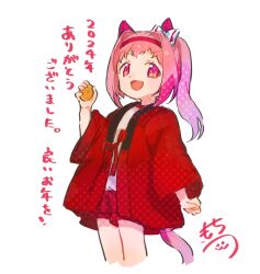1girl :d animal_ears bow commentary_request cropped_legs ear_bow flower-shaped_pupils food fruit hairband haru_urara_(umamusume) highres holding holding_food horse_ears horse_girl horse_tail long_sleeves looking_at_viewer mandarin_orange moko39_takasora open_mouth pink_hair ponytail purple_eyes red_hairband red_shorts shirt shorts signature simple_background smile solo standing symbol-shaped_pupils tail translation_request umamusume v-shaped_eyebrows white_background white_bow white_shirt wide_sleeves