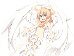 Rule 34 | 1girl, angel, angel wings, blonde hair, blue eyes, breasts, feathered wings, frfr, game cg, halo, hexagram, large breasts, lucifina (mon-musu quest!), mon-musu quest!, mon-musu quest: paradox, naked ribbon, navel, nose, open mouth, outstretched arms, ribbon, smile, star of david, thighs, variant set, white ribbon, white wings, wings, yellow halo