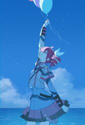 1girl a0ja9k ahoge arm_at_side arm_up balloon belt black_bow black_skirt black_sleeve_cuffs blue_sky bow buttons clenched_hand closed_eyes cloud commentary_request cowboy_shot double-breasted drill_hair flat_chest from_side grey_jacket grey_skirt grin hair_between_eyes hair_bow hair_ribbon highres jacket kasane_teto kasane_teto_(sv) layered_skirt layered_sleeves long_sleeves midriff_peek musical_staff musical_staff_print ocean red_belt red_hair red_skirt red_trim ribbon shoulder_belt skirt skirt_set sky smile star_(sky) striped_clothes striped_jacket striped_skirt synthesizer_v twin_drills utau white_bow white_ribbon