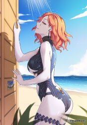 1girl alternate_costume ass beach black_one-piece_swimsuit breasts clothing_cutout commentary commission earrings english_commentary etchimune fire_emblem fire_emblem:_three_houses hair_over_one_eye jewelry kronya_(fire_emblem) large_breasts navel_cutout nintendo ocean one-piece_swimsuit orange_hair outdoors pale_skin patterned_legwear red_eyes showering solo stomach_cutout swimsuit tattoo teardrop_tattoo underboob_cutout
