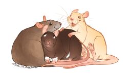 animal_focus black_eyes brown_eyes closed_mouth commentary cuddling english_commentary looking_at_another mouse_(animal) no_humans open_mouth original pugcrumbs signature smile whiskers white_background