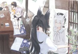 :3 =_= absurdres ahoge animal_ears animal_hairband arms_behind_back black_hair black_hat blush blush_stickers bone_hair_ornament book bow bowtie bracelet braid brown_hair closed_eyes collar commentary_request cropped cup cushion day drinking entrance facing_another facing_viewer fang flower fox_ears fox_girl from_above from_side hair_ornament hair_ribbon hat highres holding holding_book holding_cup hololive hololive_gamers incense_burner indoors inugami_korone jewelry long_hair loose_clothes loose_shirt lying multiple_girls nekomata_okayu on_back ookami_mio oozora_subaru open_mouth out_of_frame plant ponytail potted_plant pov purple_hair reading ribbon shirakami_fubuki shirt short_hair short_twintails shorts shouji sitting skin_fang slice_of_life sliding_doors smile smoke soutanookiba sunlight t-shirt table translation_request twintails utensil v_arms virtual_youtuber white_bow white_bowtie white_hair white_shorts wolf_ears wolf_girl wooden_beam wooden_floor yellow_shirt zabuton
