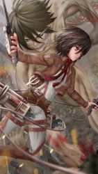 1girl aki99 brown_hair highres jacket mikasa_ackerman monster outdoors red_eyes roof rooftop scarf shingeki_no_kyojin short_hair sword thigh_strap three-dimensional_maneuver_gear weapon