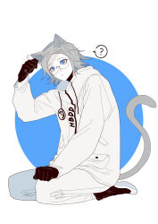1boy ? absurdres animal_ears aotsuki_eito arm_up black_gloves black_shoes blue_background blue_eyes cat_boy cat_ears cat_tail chinese_commentary drawstring full_body glasses gloves grey_hair hand_on_own_thigh hand_up highres jacket kemonomimi_mode kneeling kurenaikiyumi male_focus pants seiza shoes short_hair sitting solo speech_bubble spoken_question_mark tail the_hundred_line_-last_defense_academy- two-tone_background white_background white_jacket white_pants
