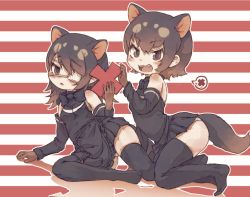 2girls apron australian_devil_(kemono_friends) bare_shoulders black_apron black_hair black_legwear black_neckwear black_shirt black_skirt bow bowtie brown_eyes brown_gloves commentary_request detached_sleeves extra_ears eyepatch fangs gloves highres kemono_friends kolshica medical_eyepatch multicolored_hair multiple_girls no_shoes open_mouth pleated_skirt shirt short_hair skirt spoken_x tasmanian_devil_(kemono_friends) tasmanian_devil_ears tasmanian_devil_tail thighhighs white_hair zettai_ryouiki