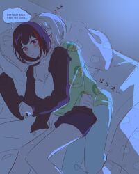 Rule 34 | 2girls, aoba moca, avocado, bang dream!, black hair, blush, breasts, camisole, ch ban5, cleavage, closed eyes, closed mouth, commentary request, cuddling, green shirt, highres, hug, hug from behind, jacket, korean commentary, korean text, mitake ran, multicolored hair, multiple girls, on bed, parted lips, pillow, purple eyes, purple jacket, purple shorts, red hair, shirt, short hair, shorts, sleeping, speech bubble, streaked hair, sweatdrop, thought bubble, translation request, white camisole, yuri, zzz