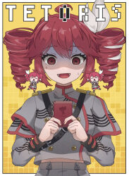 1girl ahoge border buttons chibi double-breasted double-parted_bangs drill_hair grey_jacket grey_skirt hair_ribbon highres holding jacket kasane_teto kasane_teto_(sv) long_sleeves open_mouth red_eyes red_hair red_nails ribbon shoulder_belt shoulder_pads skirt smile striped_clothes striped_jacket sweat synthesizer_v tetoris_(synthesizer_v) turn_pale twin_drills uniuniunininiu upper_body utau white_border white_ribbon yellow_background