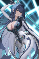Rule 34 | 1girl, absurdres, black bodysuit, black hair, blue eyes, bodysuit, breasts, cleavage, cleavage cutout, clothing cutout, commentary request, gaosu gong lu, goddess of victory: nikke, highres, holding, holding sword, holding weapon, large breasts, long hair, looking at viewer, mole, mole under eye, multicolored bodysuit, parted lips, raven (stellar blade), raven suit (stellar blade), shift up, silver bodysuit, simple background, skin tight, smile, solo, stellar blade, sword, two-tone bodysuit, very long hair, weapon