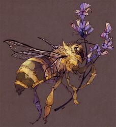 animal animal_focus bee brown_background bug commentary english_commentary flower from_side full_body insect no_humans original purple_flower rentgraham simple_background solo