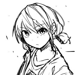 1girl ayataka_syumimi closed_mouth commentary earrings girls_band_cry greyscale highres iseri_nina jewelry kuuhaku_to_catharsis looking_at_viewer low_twintails monochrome short_hair simple_background solo twintails upper_body white_background