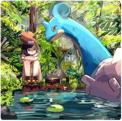 1girl bad_id bad_twitter_id bag beanie black_hair creatures_(company) crossed_arms game_freak gen_1_pokemon gen_7_pokemon grass handbag hat lapras lily_pad litten nintendo pokemon pokemon_(creature) pokemon_sm red_hat ririmon selene_(pokemon) short_hair sitting tree water z-ring
