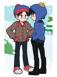 Rule 34 | 2boys, animification, beanie, black hair, blue eyes, chullo, craig tucker, full body, gloves, green eyes, hand in pocket, hands on own hips, hat, highres, jacket, jitome, kxh-hxk, long sleeves, male focus, multiple boys, pants, pom pom (clothes), pom pom beanie, shoes, short hair, sneakers, snow, snow on tree, south park, stan marsh, tree, v-shaped eyebrows