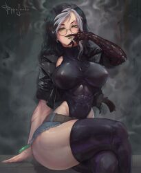 Rule 34 | abs, absurdres, belt, black hair, bodysuit, bracelet, brunhilde krahe, cherno caster, cigarette, denim, glasses, green eyes, green lips, gun, highres, jacket, jewelry, leather, leotard, multicolored hair, muscular legs, nipples, pappaserho, sharp nails, shorts, tagme, thick thighs, thighhighs, thighs, two-tone hair, weapon, zettai ryouiki