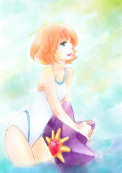 00s 1girl bad_id bad_pixiv_id bare_shoulders blue_eyes bob_cut colored_eyelashes competition_swimsuit gen_1_pokemon gym_leader jue_jue misty_(pokemon) nintendo one-piece_swimsuit pinky_out pokemon pokemon_(creature) pokemon_hgss red_hair short_hair starmie swimsuit wading water