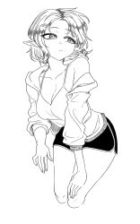 1girl absurdres alternate_costume breasts camisole cleavage closed_mouth commentary_request cowboy_shot cropped_legs dolphin_shorts expressionless hair_ornament hairclip hand_on_own_knee highres jacket jacket_partially_removed large_breasts looking_afar looking_to_the_side mizuhashi_parsee pointy_ears short_hair shorts simple_background solo touhou yokozuna_iwashi