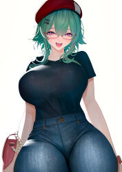 absurdres bag beret black_shirt blue_pants breasts character_request collarbone copyright_request denim glasses green_hair hair_ornament hairclip handbag hat highres imizu_(nitro_unknown) jeans large_breasts open_mouth pants purple_eyes red-framed_eyewear red_bag red_hat shirt short_sleeves sweat watch white_background wristwatch