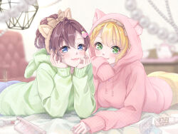 2girls ahoge animal_ear_hairband animal_ears ass bed_sheet blonde_hair blurry blurry_background blush braid braided_bangs breasts brown_hair commentary_request cosmetics depth_of_field fake_animal_ears fingernails green_hoodie hairband highres hood hoodie ichinose_shiki idolmaster idolmaster_cinderella_girls indoors large_breasts long_sleeves lying miyamoto_frederica multiple_girls nail_polish on_stomach pink_hoodie smile upper_body ykcocoro_game