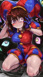 1girl asymmetrical_gloves blue_gloves blush_stickers bodysuit breasts brown_hair checkered_floor constricted_pupils disembodied_eye gloves hat highres jester jester_cap jester_costume jester_girl jester_outfit jestussy kneeling large_breasts messy_hair mismatched_gloves multicolored_eyes pale_skin pomni_(the_amazing_digital_circus) red_gloves scared smile solo tears the_amazing_digital_circus water wavy_mouth zzo0