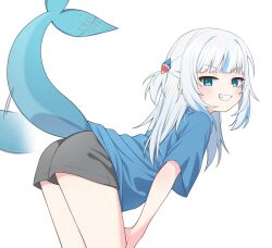 1girl adversarial_noise alternate_costume bent_over black_shorts blue_eyes blue_hair blue_shirt fins fish_tail from_side frown gawr_gura grey_hair grin hair_ornament hands_on_own_knees highres hololive hololive_english long_hair looking_at_viewer multicolored_hair shark_hair_ornament shark_tail sharp_teeth shirt shorts simple_background smile streaked_hair tail tail_wagging teeth ugaaaa1 virtual_youtuber white_background