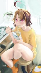 1girl ahoge blonde_hair brown_hair chopsticks commentary cup_ramen eating english_commentary food gigi_murin highres holding holding_chopsticks hololive hololive_english indoors noodles on_stool orange_socks pink_eyes plant potted_plant rair shirt sitting socks solo stove tail virtual_youtuber yellow_shirt